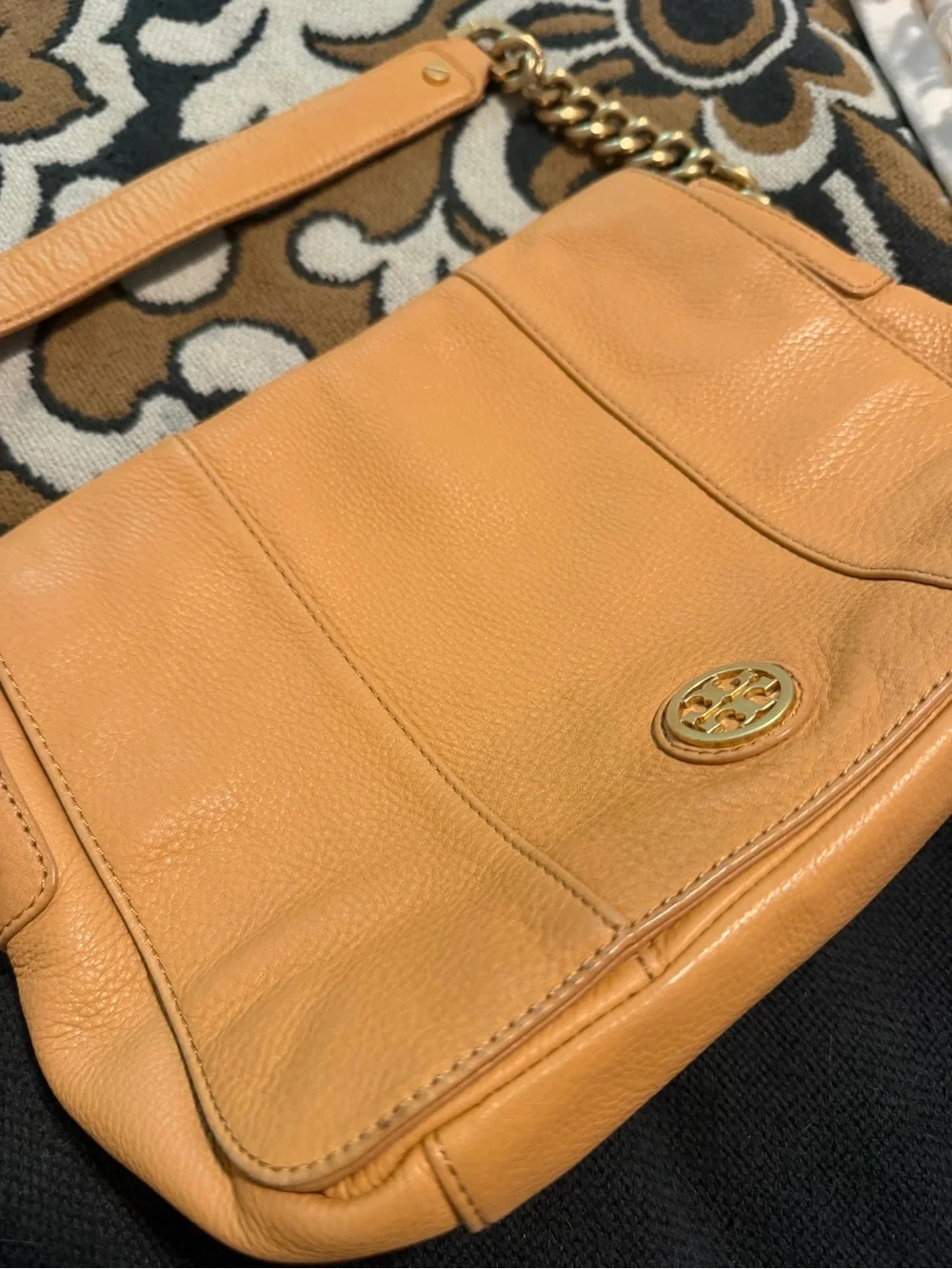Tory Burch Camel/Tan Pebbled Leather Shoulder Bag with Gold Chain